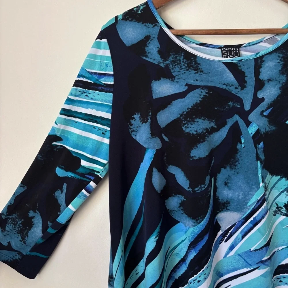 Clara Sunwoo Abstract Print Asymmetrical Tunic Top Large Blue - Picture 2 of 7